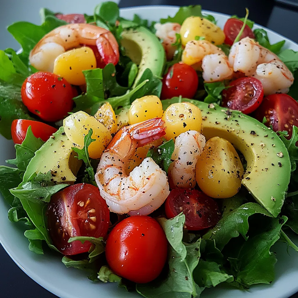 Salade fraîcheur servie dans une assiette avec mesclun, avocat, tomates cerises et crevettes, accompagnée d’une vinaigrette citronnée.