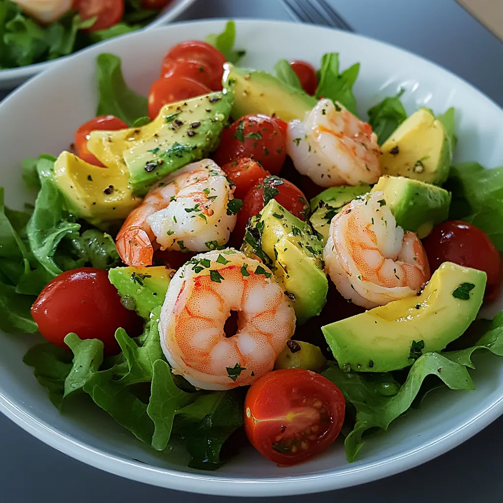 Salade fraîcheur servie dans une assiette avec mesclun, avocat, tomates cerises et crevettes, accompagnée d’une vinaigrette citronnée.